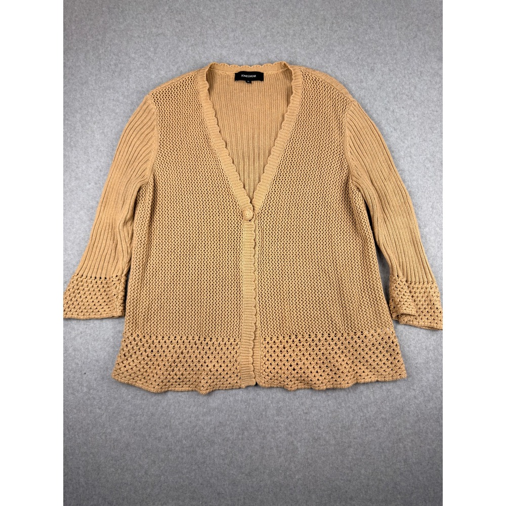 Jones Wear Tan Mixed Knit V-Neck Single Button Cardigan Sweater XL